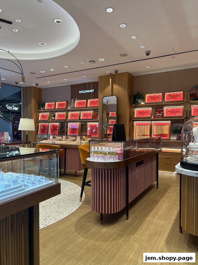 Interior view of a Goldheart Jewelry store showcasing necklaces and displays.