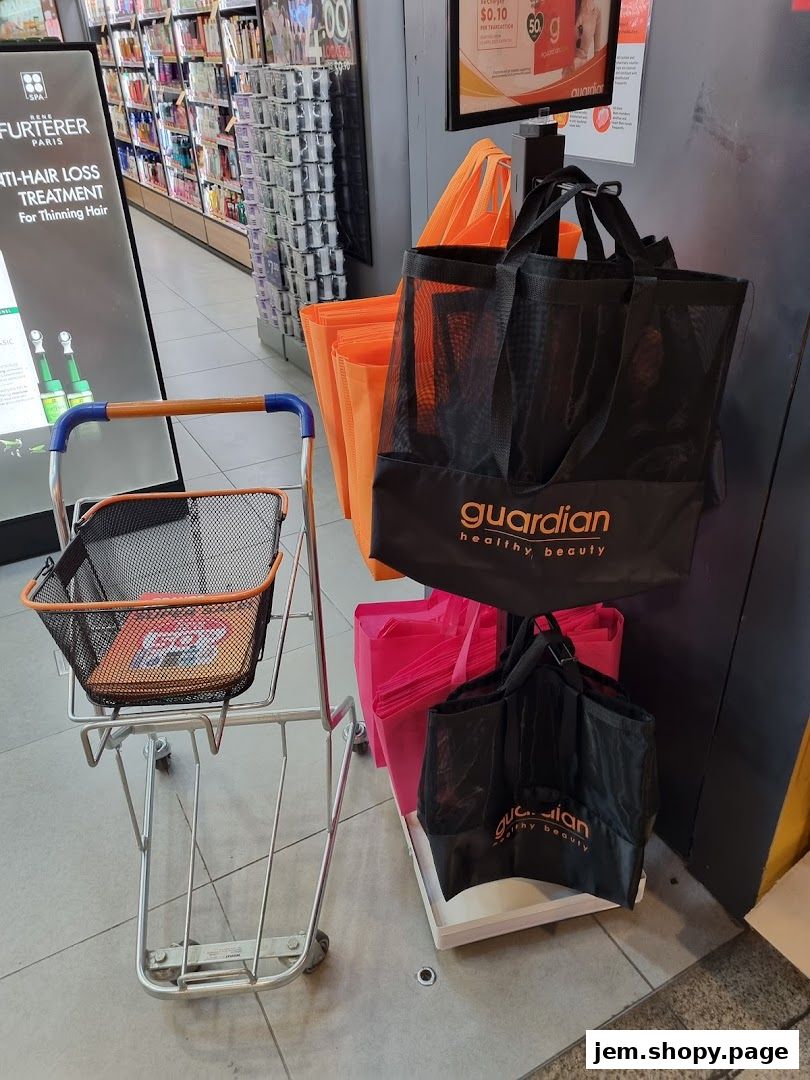 Shopping cart and reusable bags outside a Guardian Health & Beauty store.