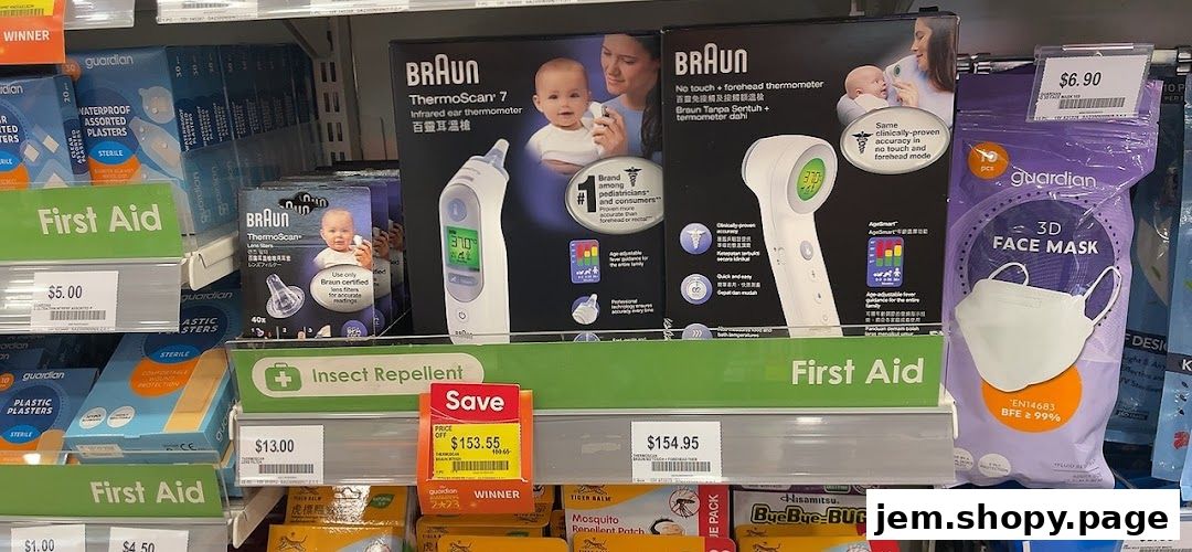 Shelves stocked with first aid supplies, including thermometers, face masks, and insect repellent.