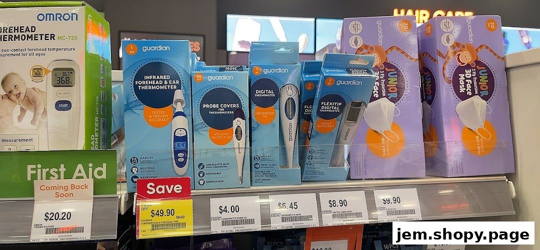 A display of Guardian brand health products including thermometers and face masks.