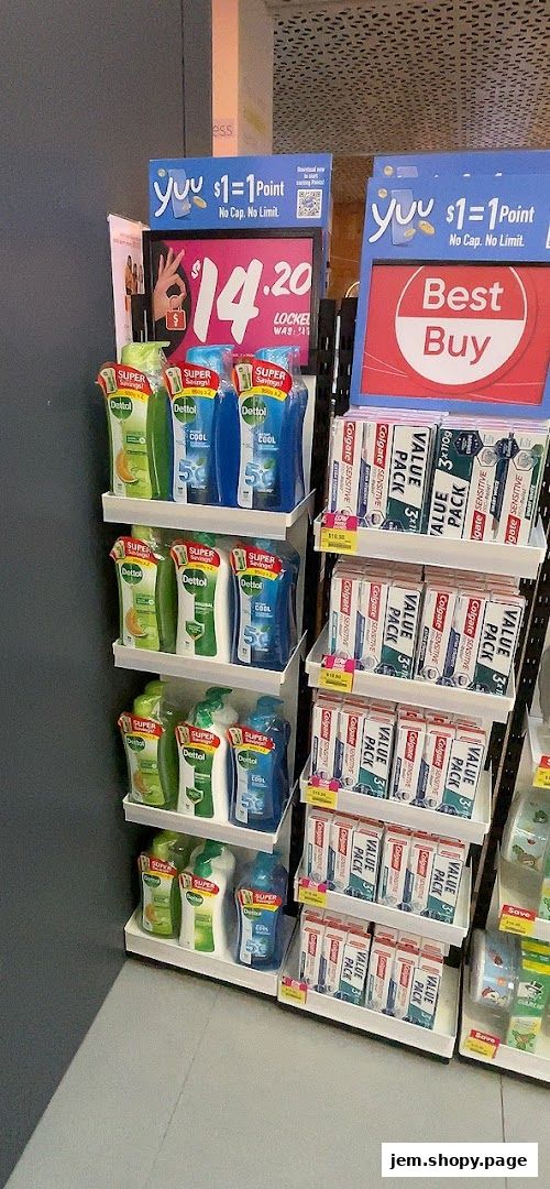 Shelves stocked with Dettol body wash and Colgate toothpaste value packs.