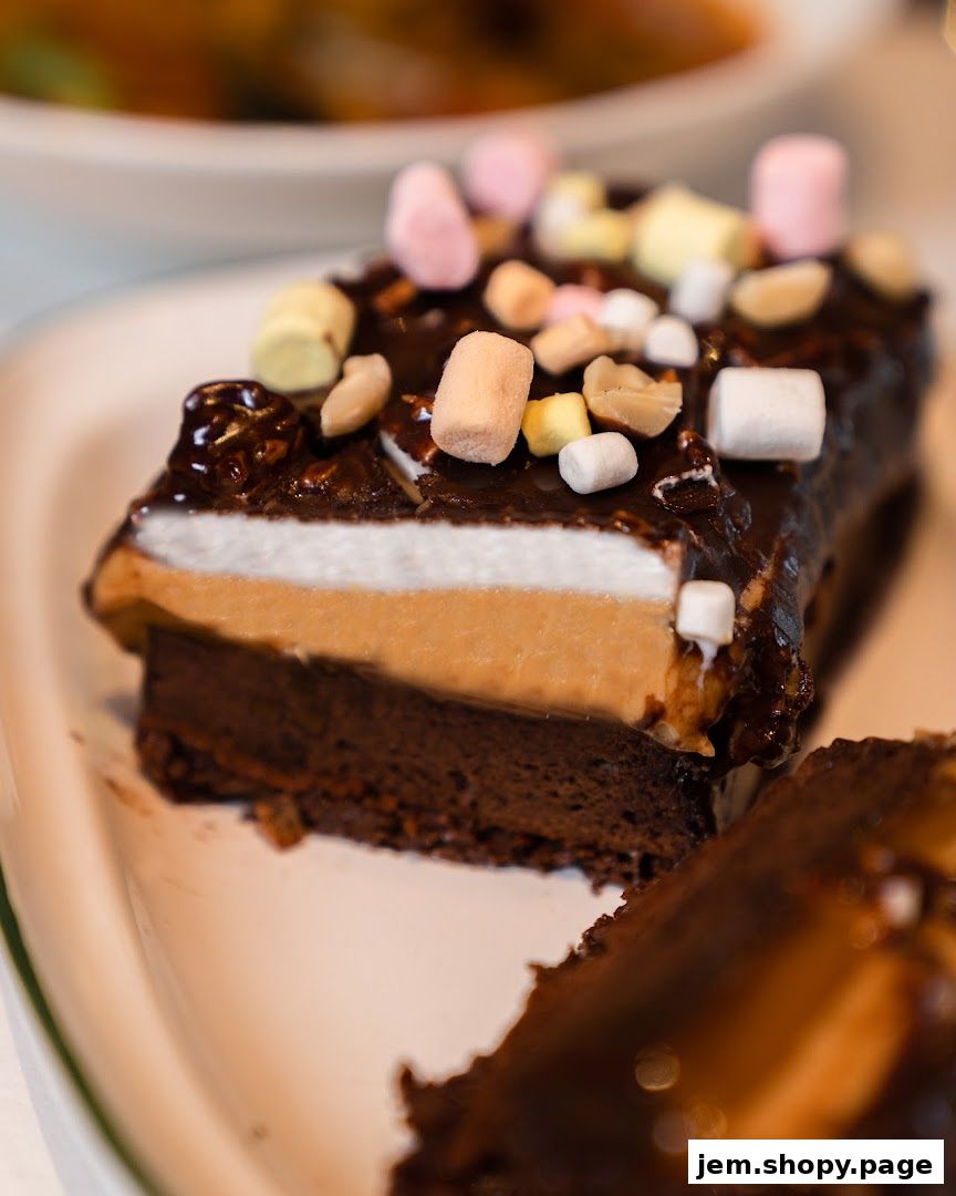 A decadent slice of chocolate cake topped with marshmallows, peanuts, and chocolate glaze.
