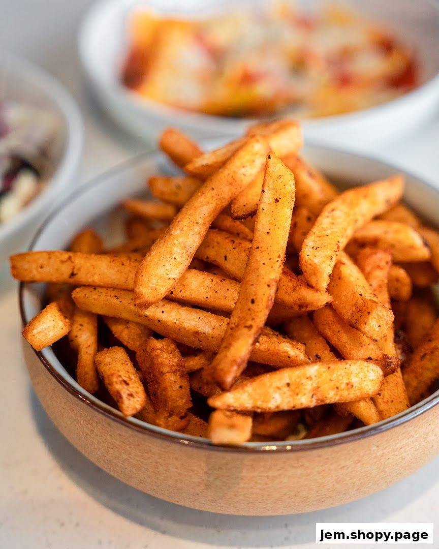 A close-up shot of a bowl filled with seasoned french fries.