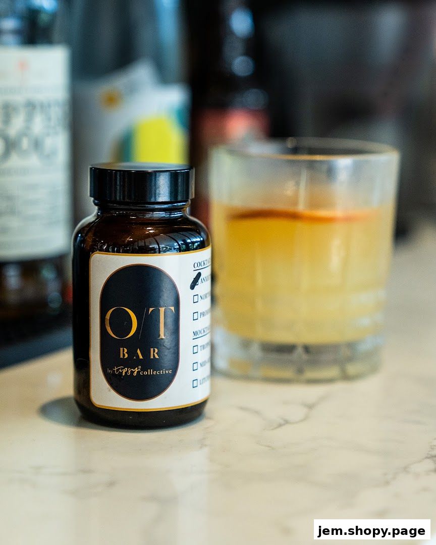 A bottle labeled 'OT BAR' by 'Tipsy Collective' sits next to a cocktail.
