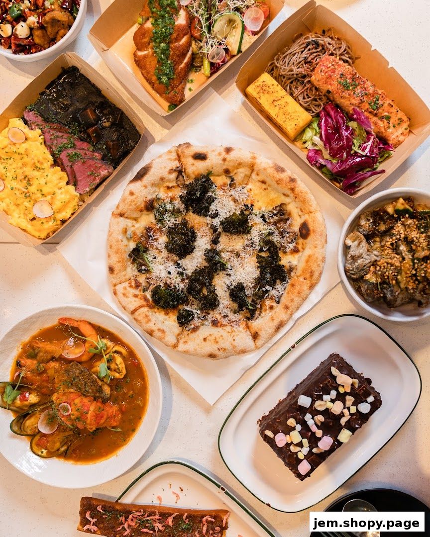 A spread of delicious dishes including pizza, steak, seafood, and dessert.