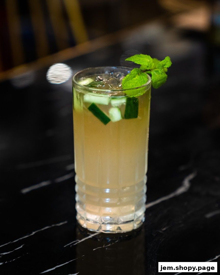 A refreshing cocktail with cucumber and mint garnishes on a dark marble surface.
