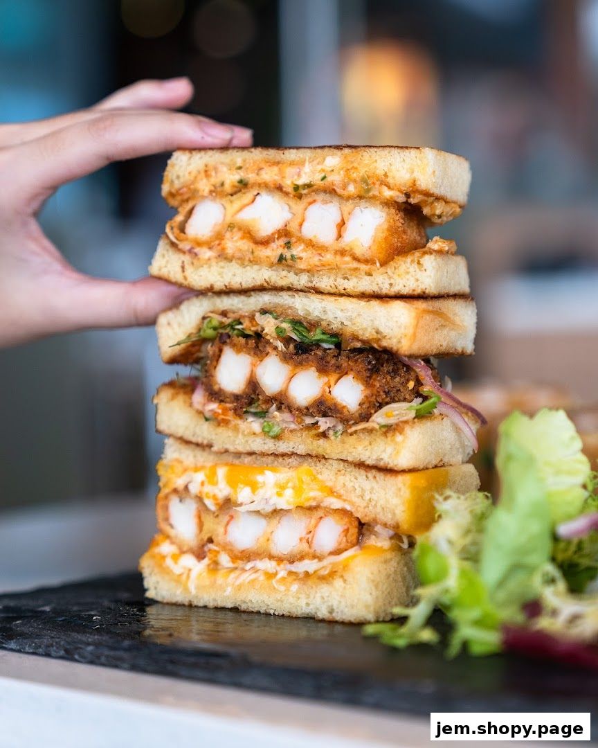 A hand holds a tall stack of delicious fried shrimp sandwiches with fresh salad.