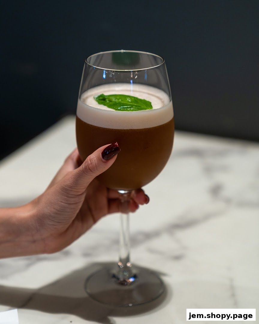 A hand holds a stemmed glass with a frothy, dark beverage topped with a green leaf.