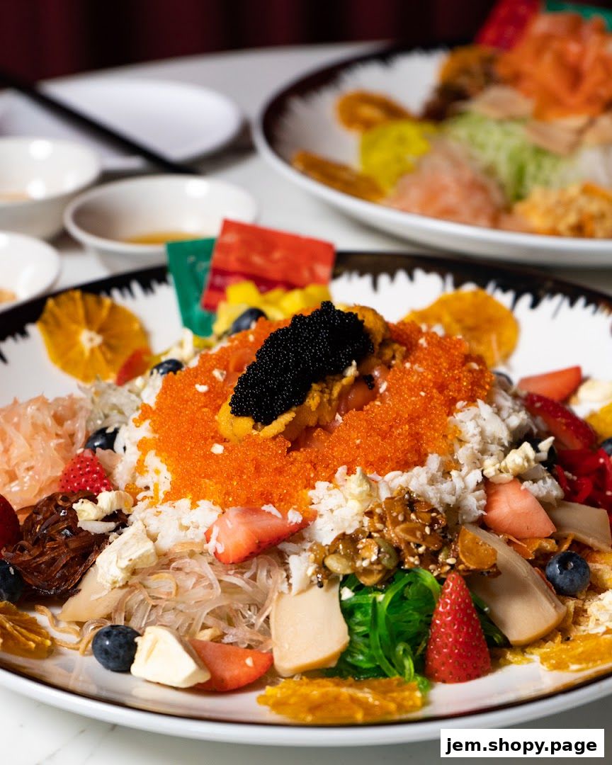 A vibrant and colorful dish with seafood, fruits, and vegetables, topped with caviar.