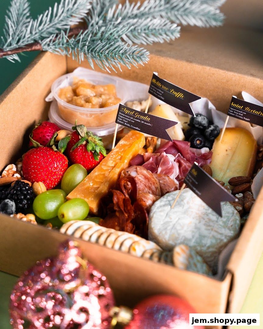 A festive charcuterie box filled with cheese, fruits, meats, and nuts, perfect for celebrations.