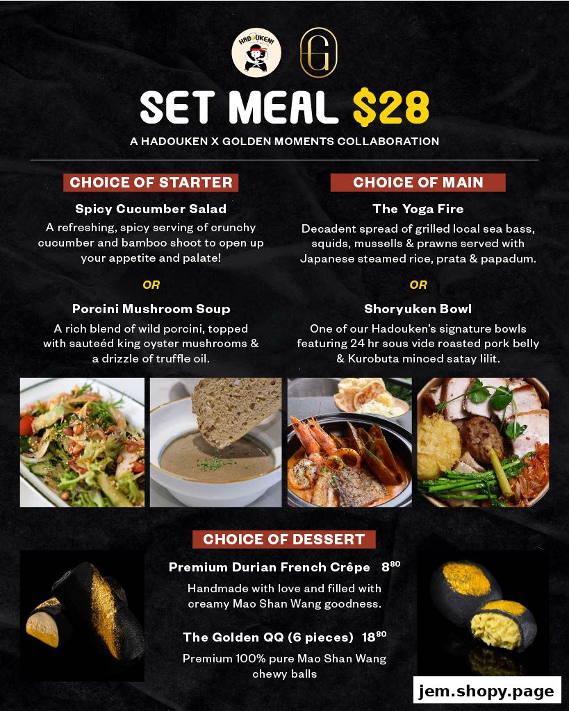 A set meal menu from Hadouken! SG featuring choices of starter, main, and dessert.