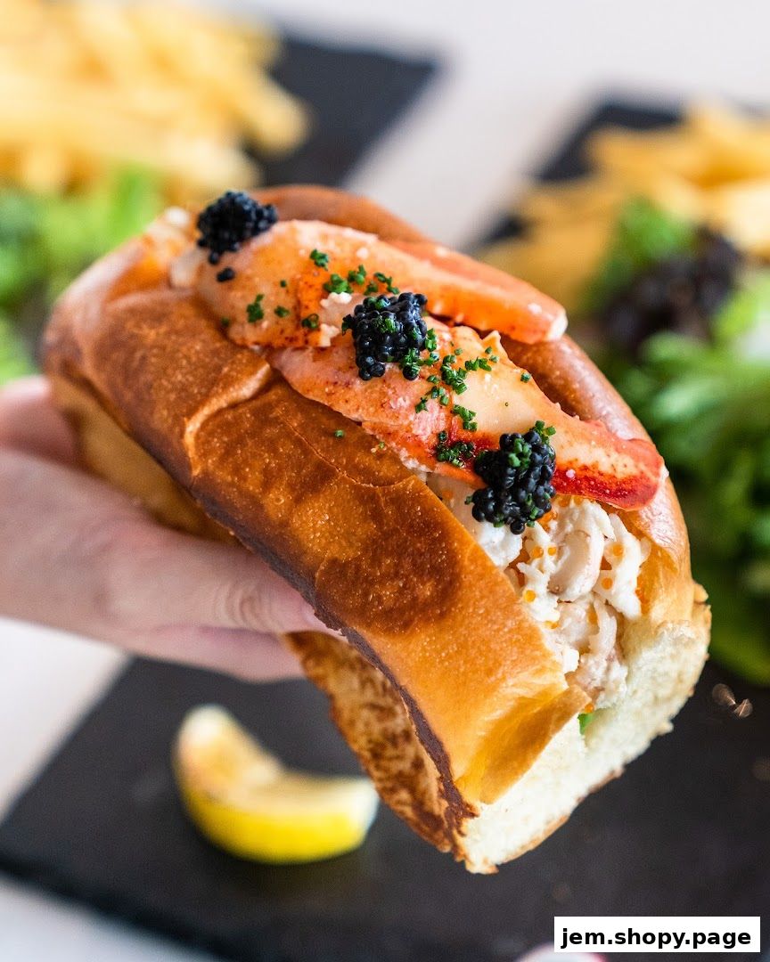 A hand holds a gourmet lobster roll topped with caviar and chives, with fries and salad in the background.