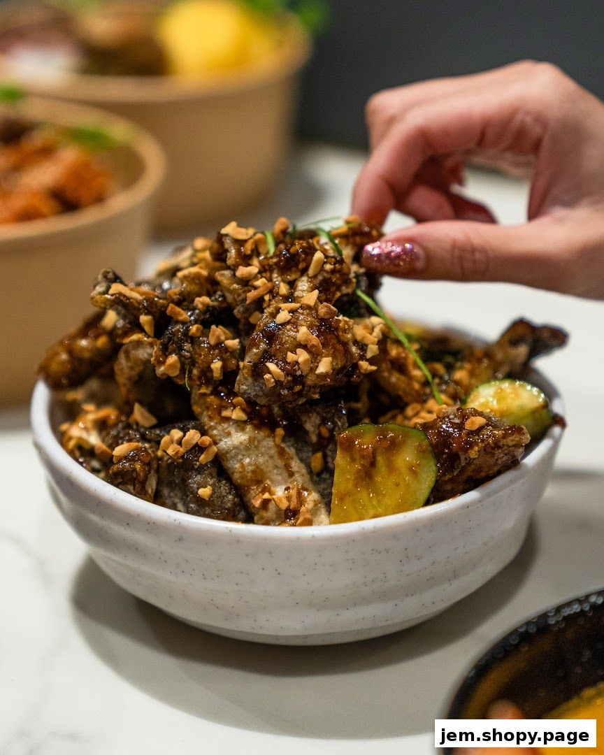 A hand picks a crispy, glazed dish topped with peanuts from a bowl.