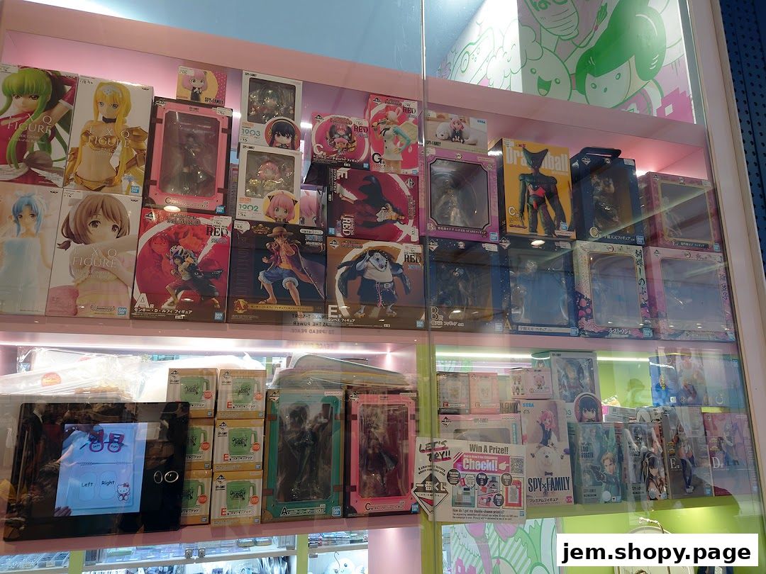 Display shelves filled with anime figurines and merchandise in their original packaging.