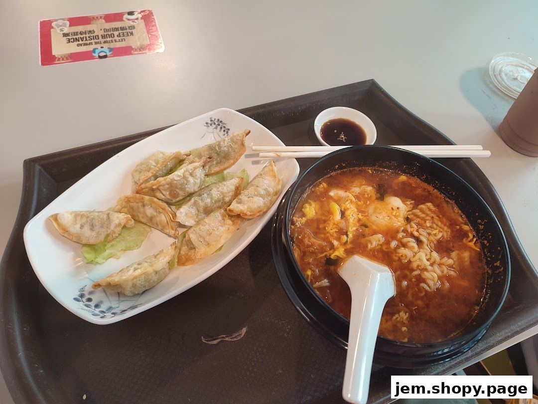 A tray with Korean dumplings and a bowl of spicy noodle soup.