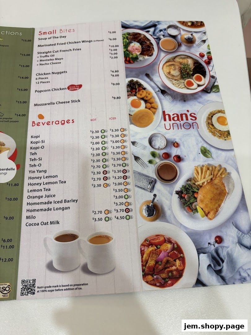 A menu from Hans Union featuring small bites and beverages with accompanying food photography.