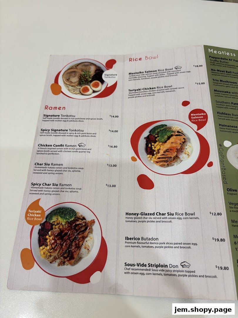 A menu from Hans Union featuring Ramen, Rice Bowls, and Meatless options.