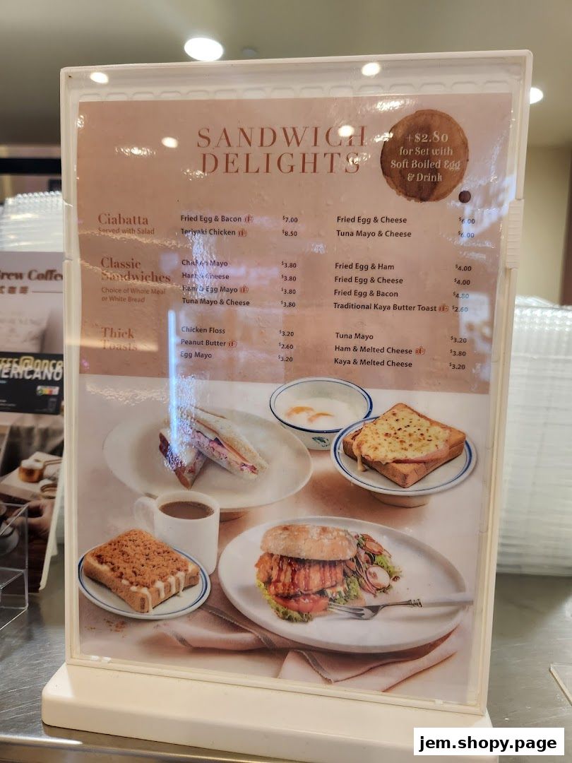 A menu board displaying various sandwich and toast options with prices.