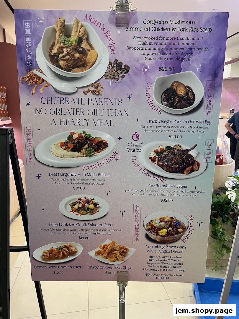 A menu board showcasing various dishes with descriptions and prices, themed for celebrating parents.