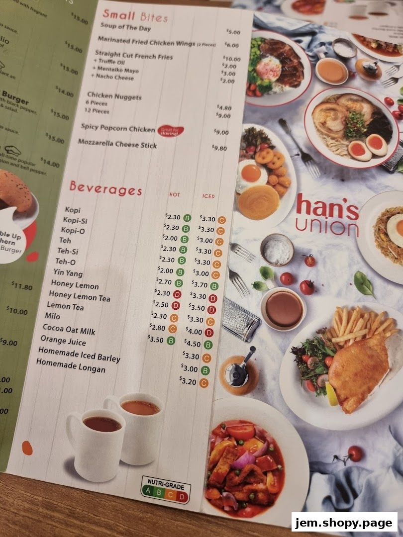 A menu from Hans Union featuring small bites and beverages with prices and nutritional grades.
