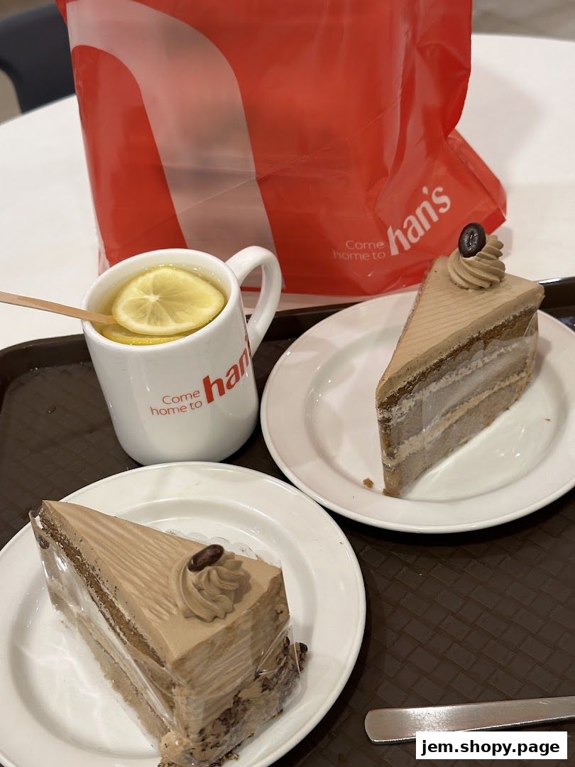 Two slices of coffee cake and a lemon tea from Hans Union.