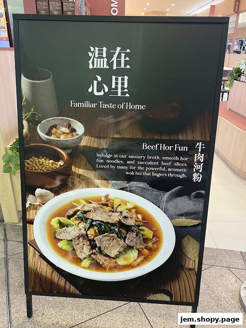 A-frame sign advertising Beef Hor Fun with a description and image.