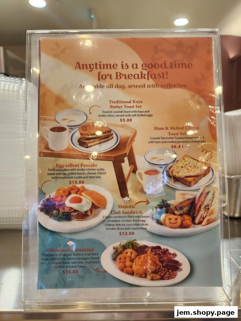 A menu board displaying breakfast and sandwich options with enticing food photography.
