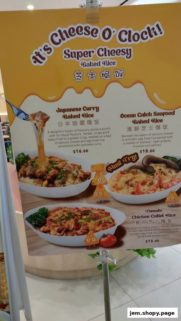 A menu board for Hans Union featuring three types of super cheesy baked rice.