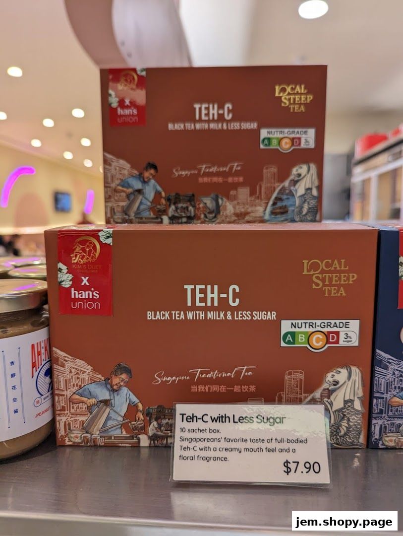 Boxes of 'Teh-C with Less Sugar' black tea from Hans Union are displayed.