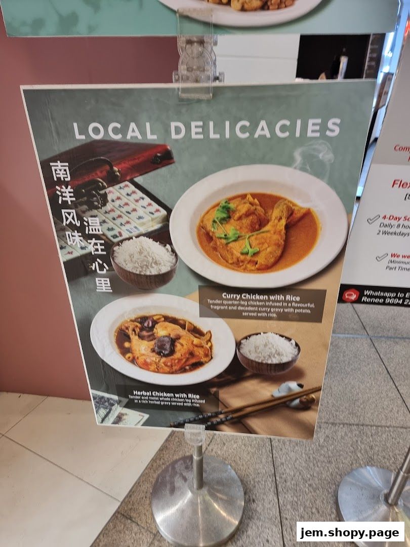 A menu board showcasing two local delicacy chicken dishes with rice.