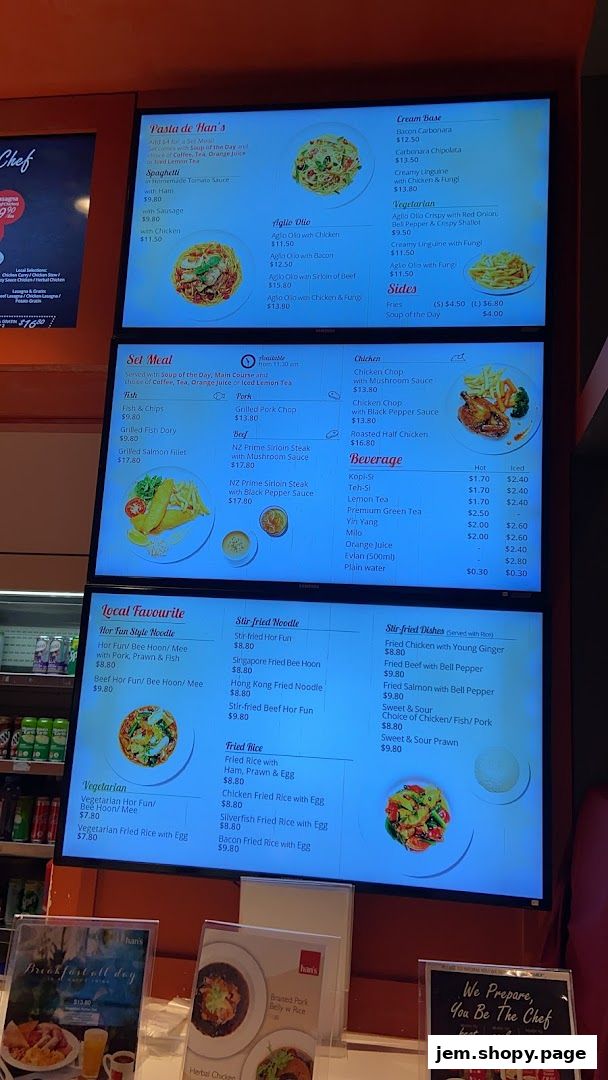 A digital menu board displaying various food and beverage options from Hans Union.