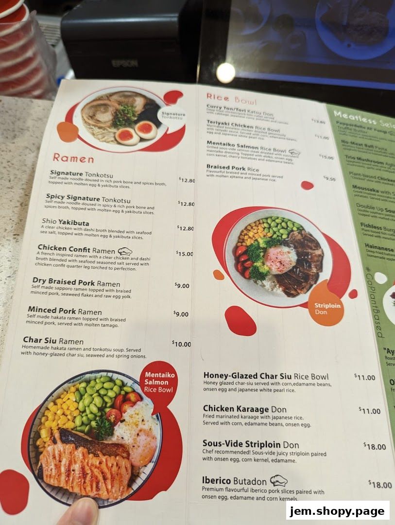 A menu displaying various ramen and rice bowl dishes with prices.