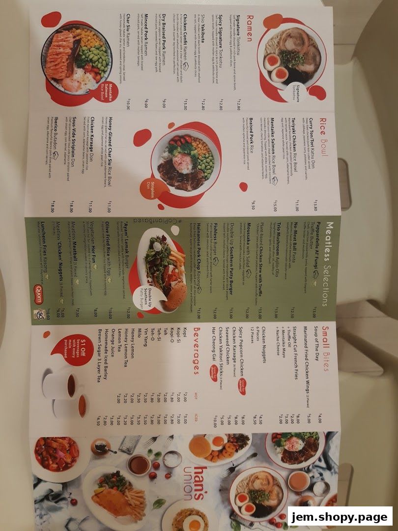 A menu from Hans Union featuring ramen, rice bowls, small bites, and beverages.