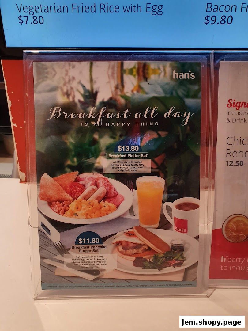 A menu display for Hans Union featuring breakfast sets and other dishes.