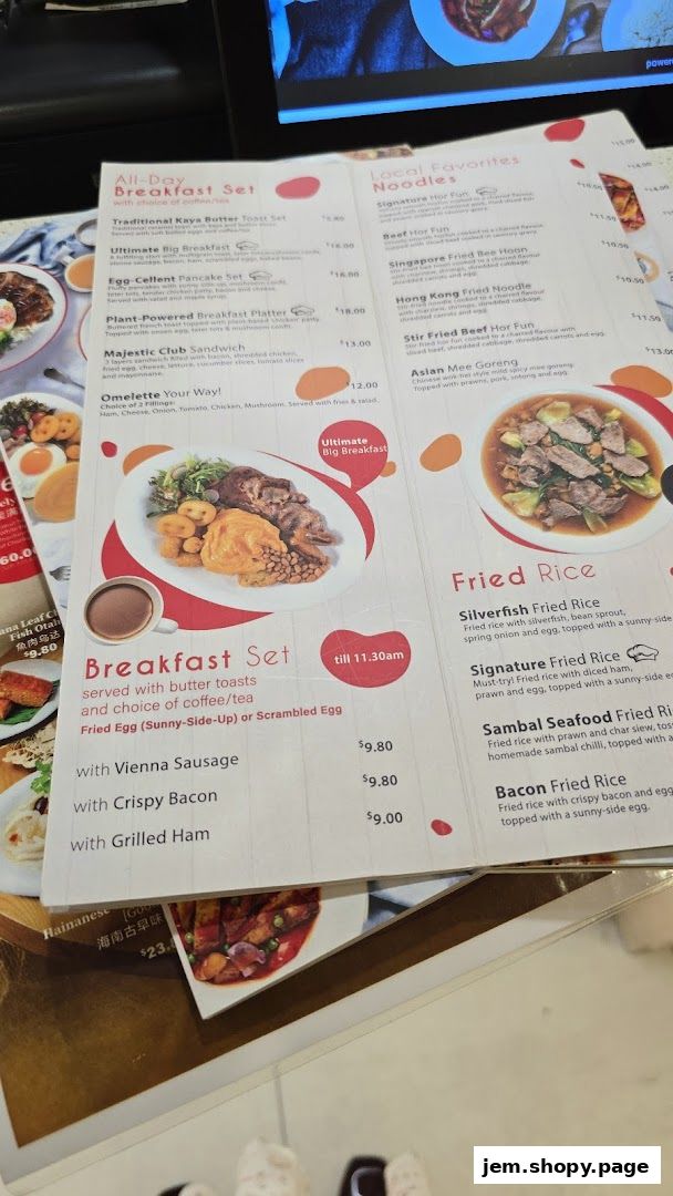 A menu from Hans Union featuring breakfast sets, noodles, fried rice, and other local favorites.
