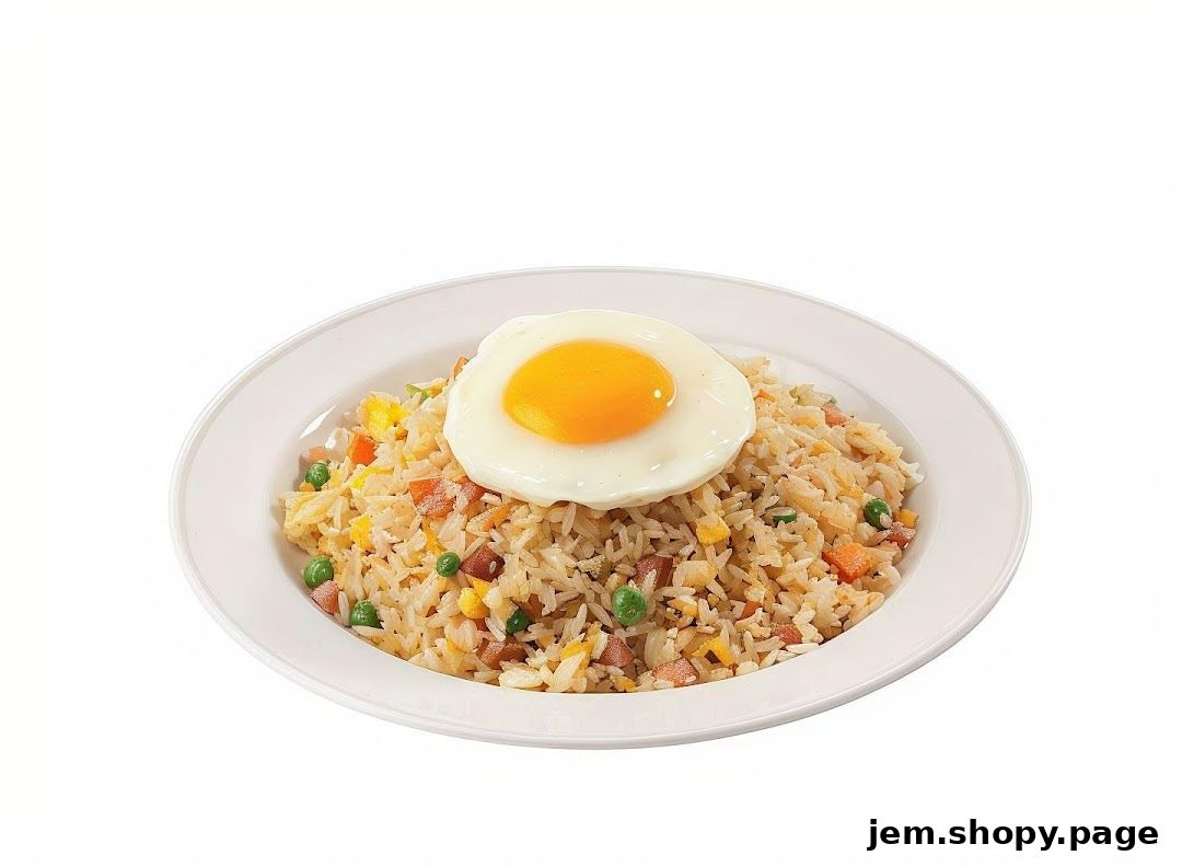 A plate of fried rice topped with a sunny-side-up egg and mixed vegetables.