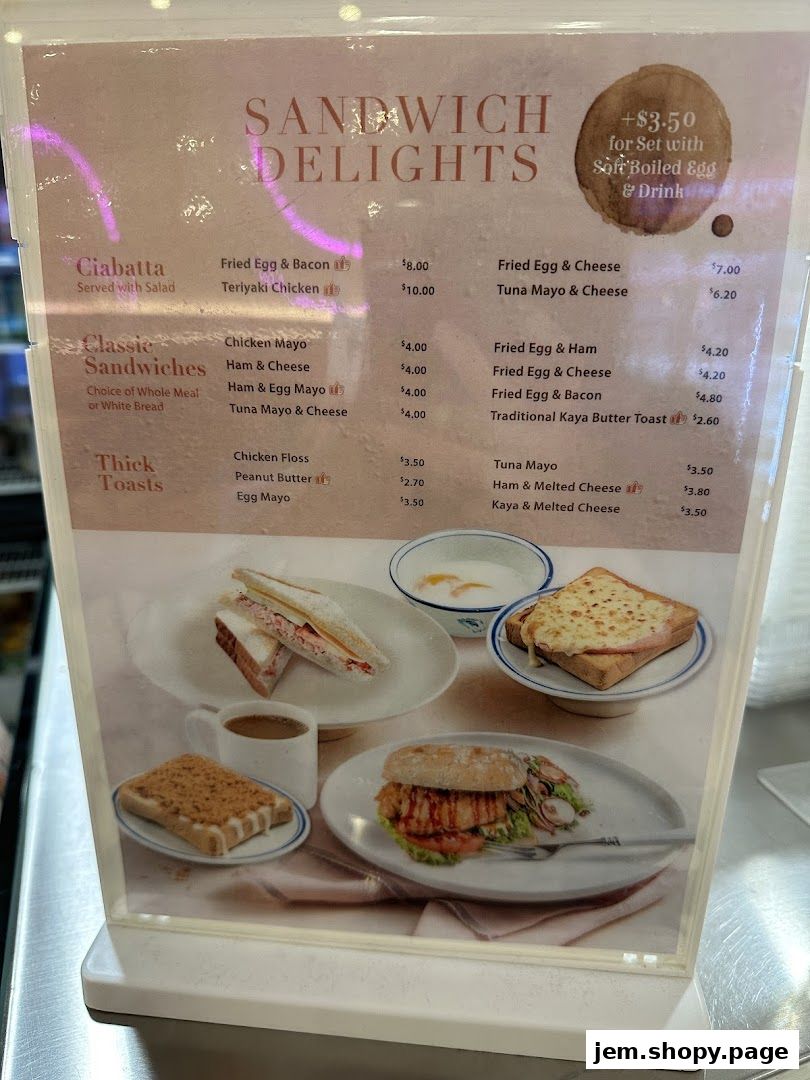 A menu board displaying various sandwich and toast options with prices.