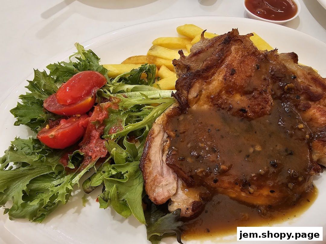 A plate of grilled chicken with fries, salad, and a side of ketchup.