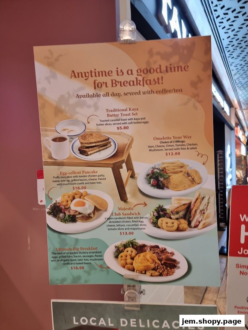 A breakfast menu from Hans Union featuring various dishes like kaya toast, pancakes, omelettes, and sandwiches.