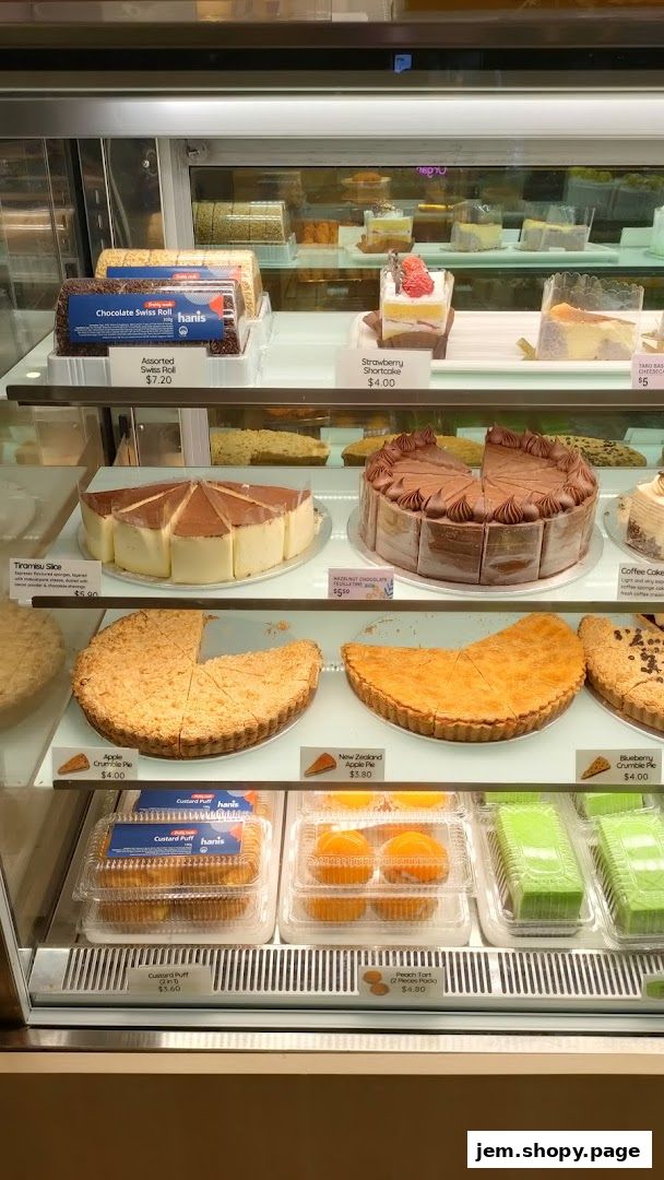 A display case filled with various cakes, pies, and pastries from Hans Union.