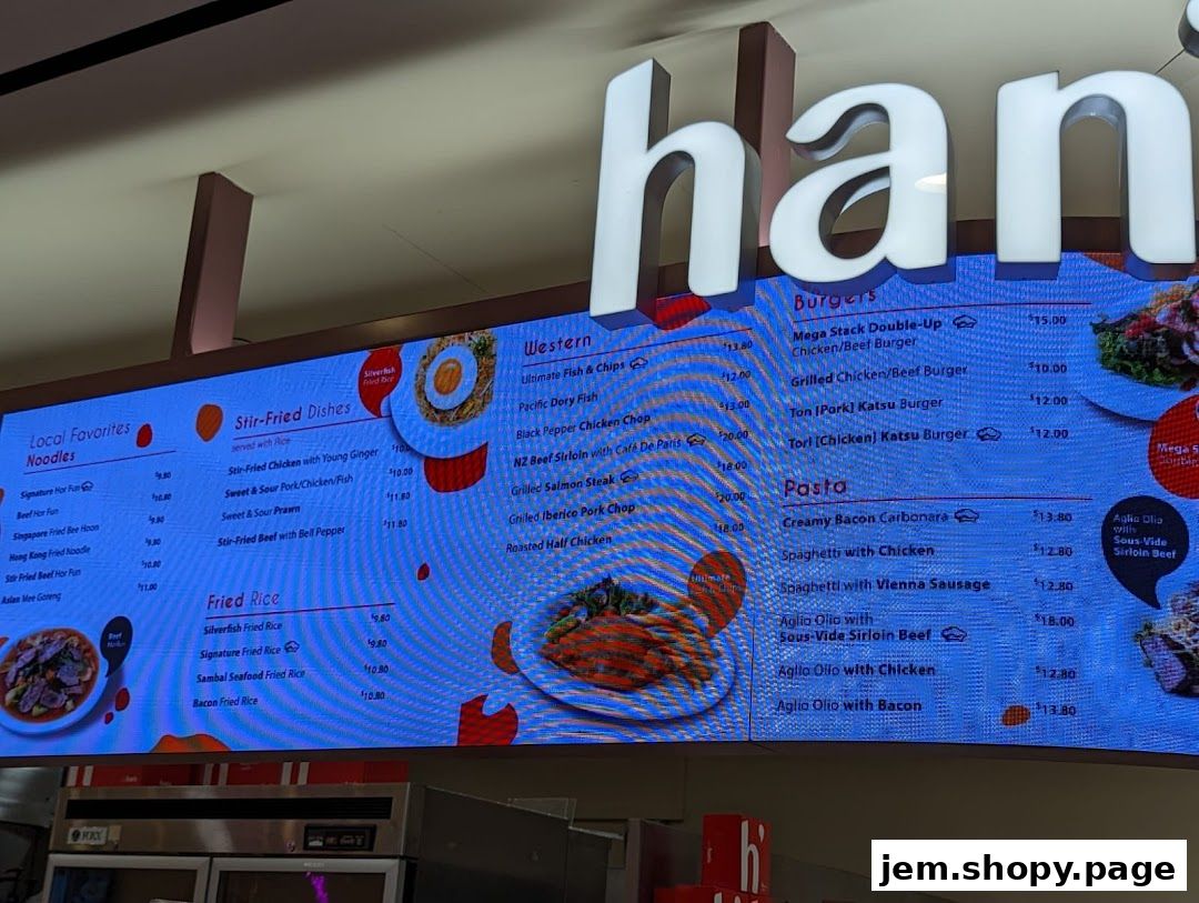A digital menu board displaying various food items and prices for Hans Union.