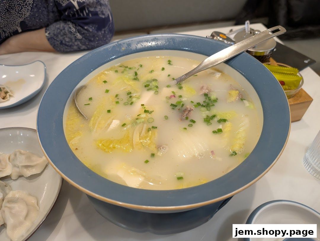 A large bowl of hearty soup with vegetables and meat, served with dumplings.
