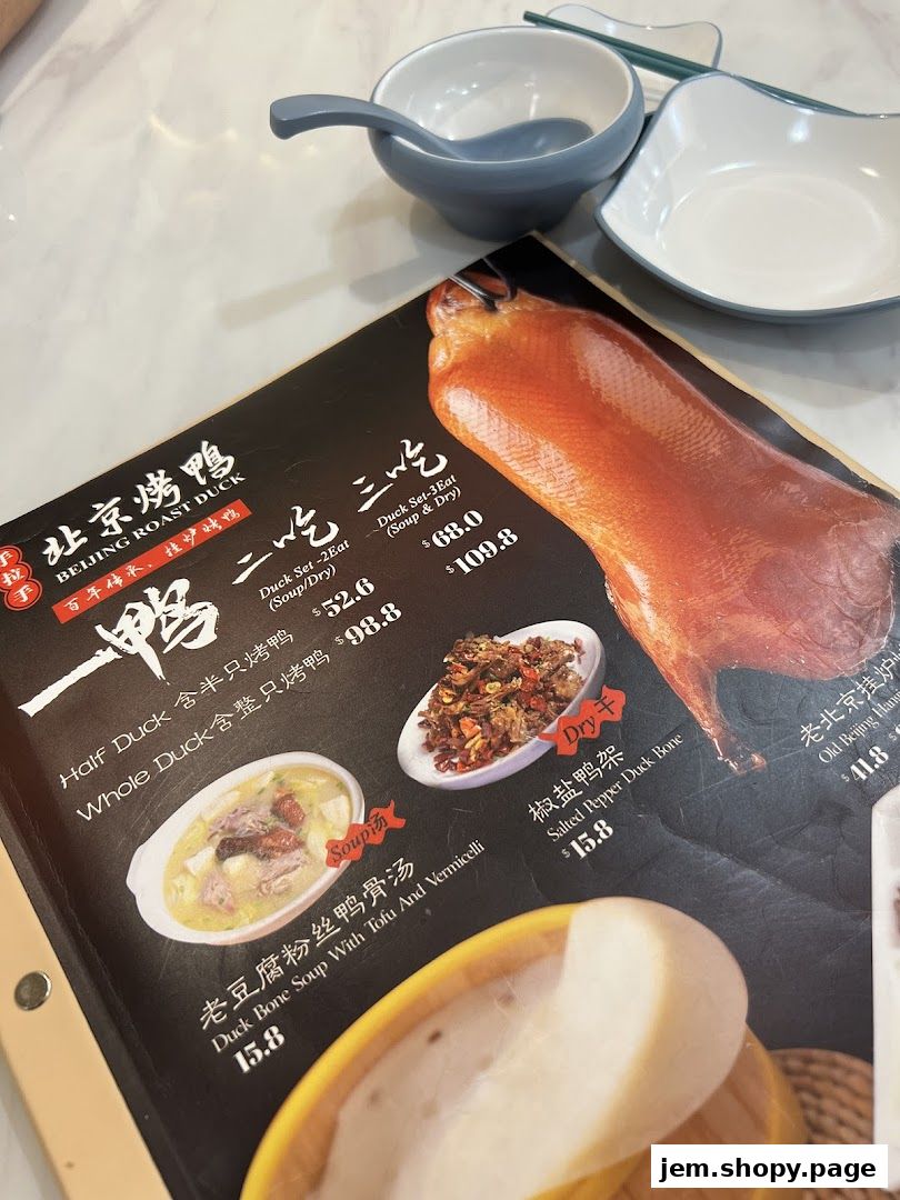 A menu from Beijing Roast Duck featuring various duck dishes and soups.