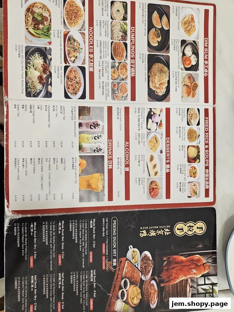 A menu for Hand in Hand Peking Duck featuring various dishes, drinks, and set meals.