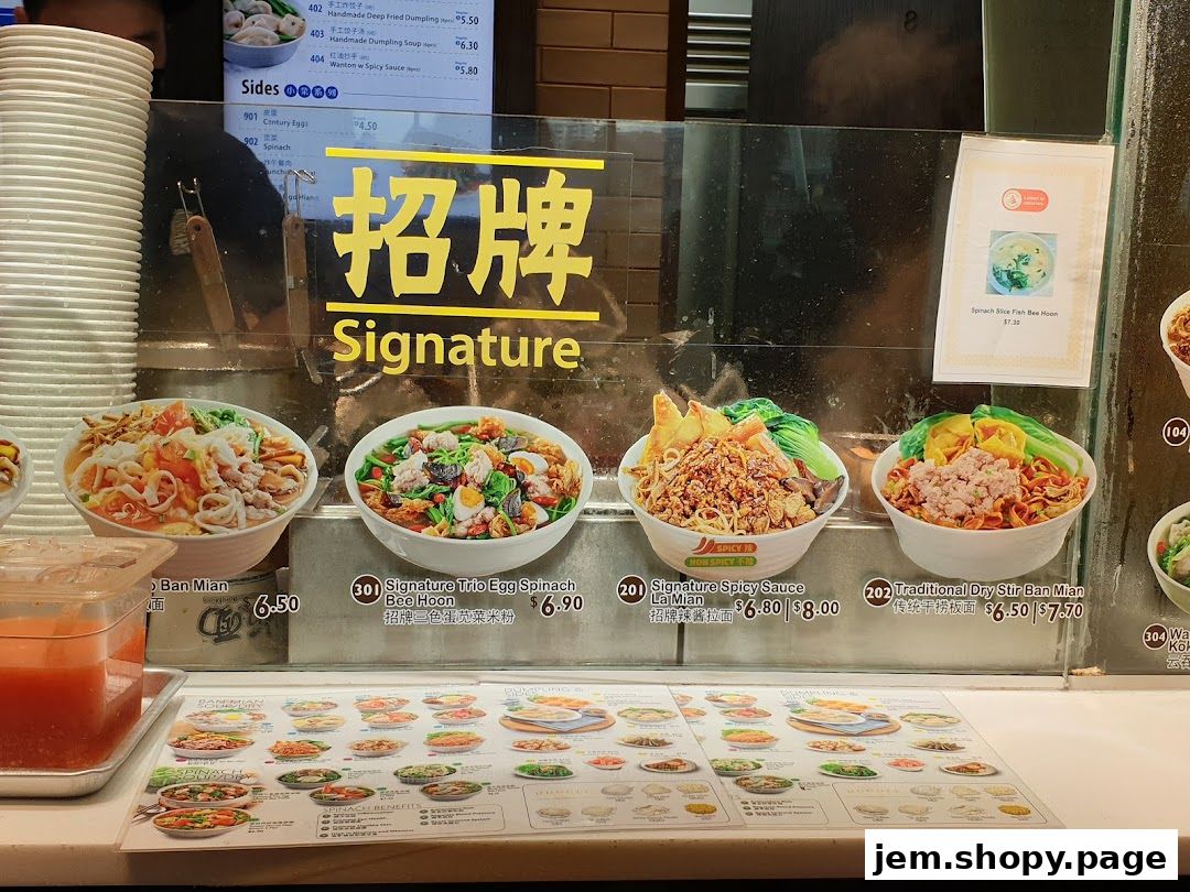 A display of signature noodle dishes and sides at Hao Jia Handmade Noodle.