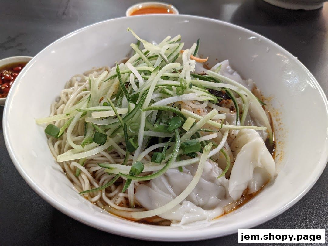 A bowl of delicious handmade noodles with wontons and fresh cucumber.