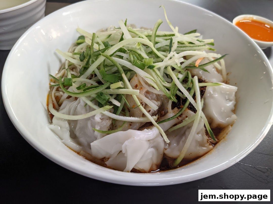 A bowl of delicious handmade noodles with dumplings, cucumber, and chili oil.