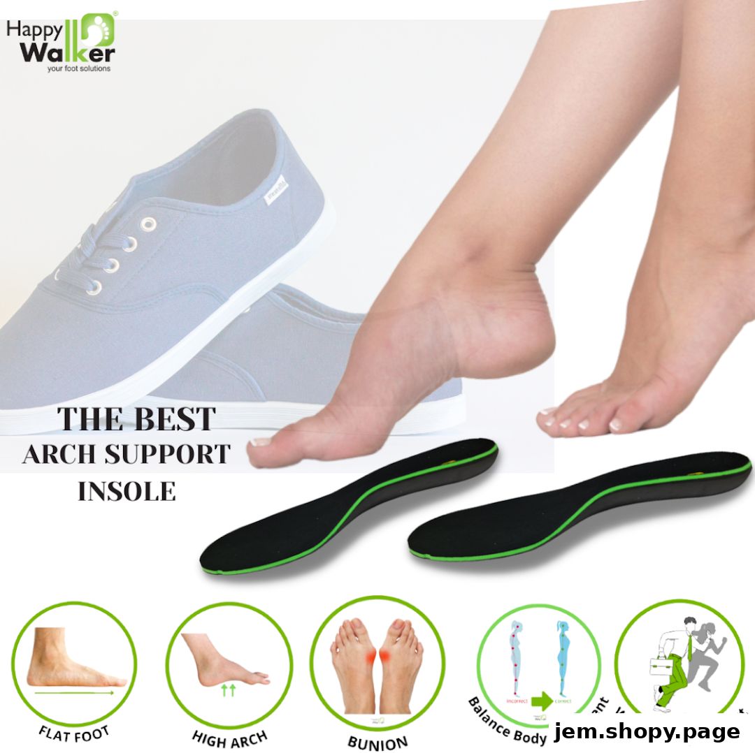 Happy Walker advertises arch support insoles for various foot conditions and activities.
