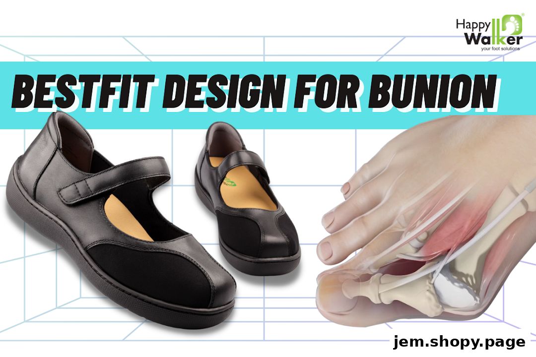 Happy Walker shoes designed for bunions, featuring a bestfit design and anatomical foot illustration.