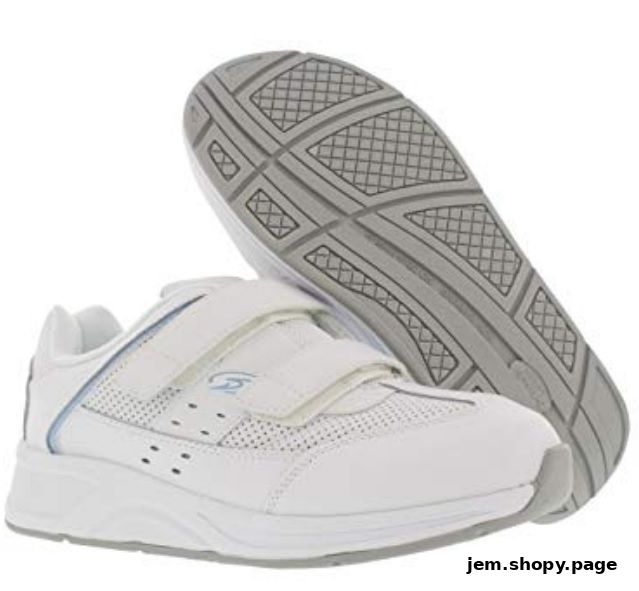 A pair of white athletic shoes with velcro straps and a grey sole.